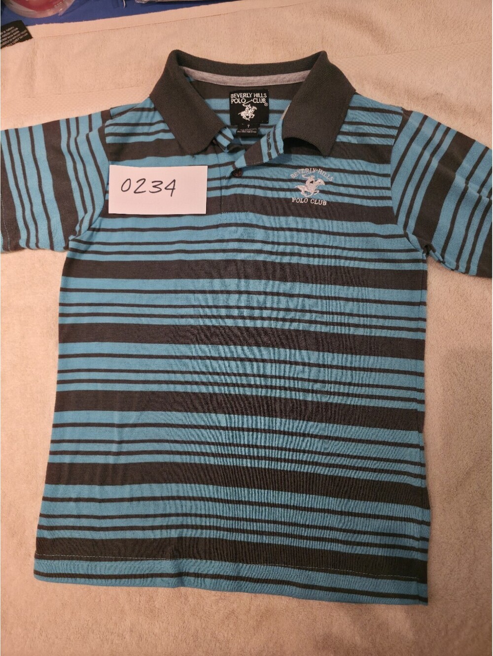 Boys Size 7 Polo Beverly Hills Turquoise Navy Striped Polo Shirt Item 0234